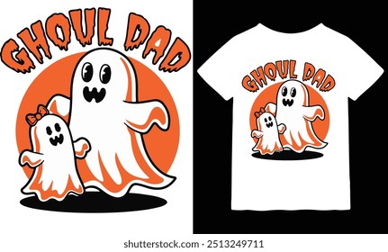  Celebrate Halloween in style with this spooky "Ghoul Dad" black T-shirt, featuring a ghostly dad with his two ghost girls. Perfect for Halloween-loving fathers, this fun and unique design is a must-h