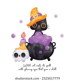 Celebrate Halloween with this cute and funny black cat watercolour illustration. The adorable feline friend wears a witch hat while sitting on a bubbling cauldron. Perfect for Halloween-themed designs