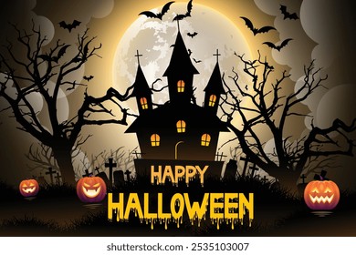 Celebra Halloween con este espeluznante diseño con casas encantadas, calabazas, brujas y murciélagos. Perfecto para invitaciones de temporada, carteles y redes sociales. 