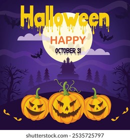 Celebrate Halloween with this spooky design featuring haunted houses, pumpkins, witches, and bats. Perfect for seasonal invitations, posters, and social media.