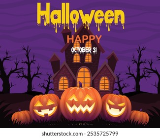 Comemore o Halloween com este design assustador com casas assombradas, abóboras, bruxas e morcegos. Perfeito para convites sazonais, cartazes e mídias sociais.