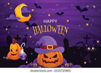 Celebrate Halloween with this spooky design featuring haunted houses, pumpkins, witches, and bats. Perfect for seasonal invitations, posters, and social media.