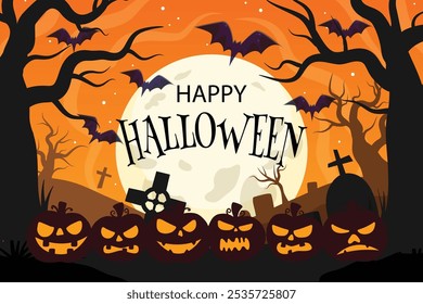 Celebrate Halloween with this spooky design featuring haunted houses, pumpkins, witches, and bats. Perfect for seasonal invitations, posters, and social media.