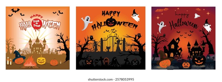 Celebrate Halloween with this spooky. Evoking a festive yet eerie ambiance. Perfect for seasonal events, spooky themed decorations, and festive celebrations. Set flat vector modern illustration