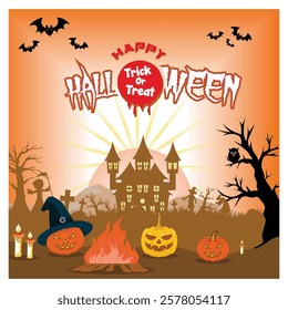 Celebrate Halloween with this spooky showcasing a haunted house, pumpkin lanterns, bats, and a festive backdrop for a fun and spooky vibe. Flat vector modern illustration 