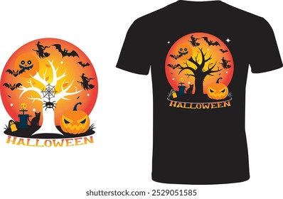 Celebrate Halloween With This Spooky Tree Design! Get ready for Halloween with this fun and spooky design featuring a haunted tree, pumpkins, bats, and witches against an orange moon. Perfect for t-sh