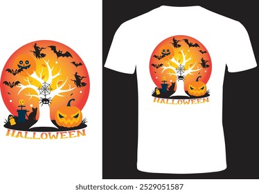 Celebrate Halloween With This Spooky Tree Design! Get ready for Halloween with this fun and spooky design featuring a haunted tree, pumpkins, bats, and witches against an orange moon. Perfect for t-sh