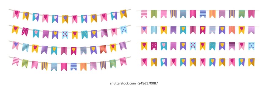 Celebrate hanging bunting garlands cartoon set. Birthday party, Valentine day anniversary flags isolated white background. Festival Christmas anniversary border decoration element vector illustration