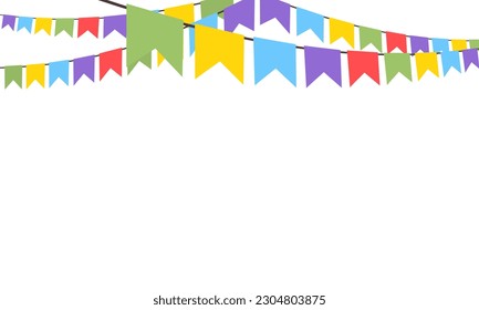 Celebrate hanging buntings garlands. Colorful perspective flags party isolated on white background. Birthday, Christmas, anniversary, and festival fair concept. Vector illustration flat design.