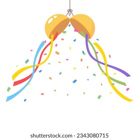 Celebrate hanging gold ball with confetti. Colorful paper and ribbon party isolated on white background. Birthday, Christmas, anniversary, and festival fair concept. Vector illustration.