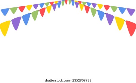 Celebrate hanging straight triangular garlands. Colorful perspective flags party isolated on white background. Birthday, Christmas, anniversary, and festival fair concept. Vector illustration.