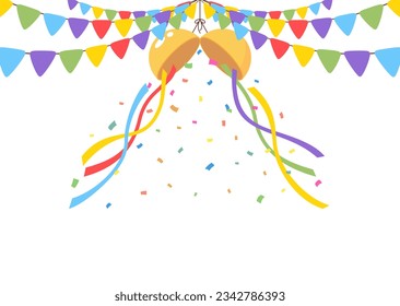 Celebrate hanging triangular garlands with ball and confetti. Colorful perspective flags party on white background. Birthday, Christmas, anniversary, and festival fair concept. Vector illustration.