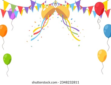 Celebrate hanging triangular garlands with ball and confetti. Colorful perspective flags party on white background. Birthday, Christmas, anniversary, and festival fair concept. Vector illustration.