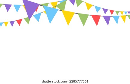 Celebrate hanging triangular garlands. Colorful perspective flags party isolated on white background. Birthday, Christmas, anniversary, and festival fair concept. Vector illustration flat design.