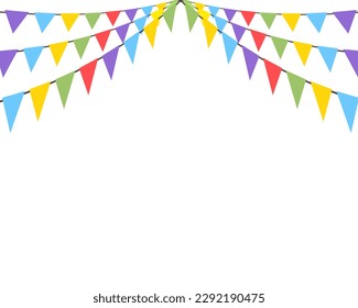 Celebrate hanging triangular garlands. Colorful perspective flags party isolated on white background. Birthday, Christmas, anniversary, and festival fair concept. Vector illustration flat design.