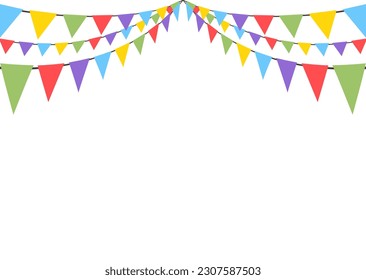 Celebremos colgando guirnaldas triangulares. Banderas de perspectiva coloridas con un fondo blanco aislado. El concepto de ferias de cumpleaños, Navidad, aniversario y festival. Diseño plano de ilustración vectorial.