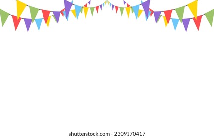 Celebrate hanging triangular garlands. Colorful perspective flags party isolated on white background. Birthday, Christmas, anniversary, and festival fair concept. Vector illustration flat design.