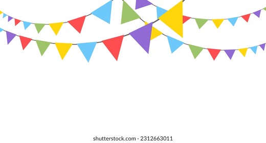 Celebrate hanging triangular garlands. Colorful perspective flags party isolated on white background. Birthday, Christmas, anniversary, and festival fair concept. Vector illustration flat design.