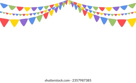 Celebrate hanging triangular garlands. Colorful perspective flags party isolated on white background. Birthday, Christmas, anniversary, and festival fair concept. Vector illustration flat design.