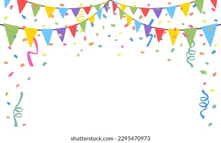 Celebrate hanging triangular garlands with confetti. Colorful perspective flags party isolated on white background. Birthday, Christmas, anniversary, and festival fair concept. Vector illustration.