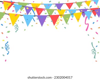 Celebrate hanging triangular garlands with confetti. Colorful perspective flags party isolated on white background. Birthday, Christmas, anniversary, and festival fair concept. Vector illustration.