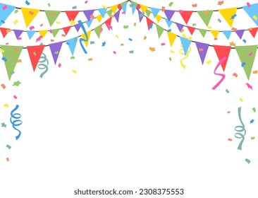 Celebrate hanging triangular garlands with confetti. Colorful perspective flags party isolated on white background. Birthday, Christmas, anniversary, and festival fair concept. Vector illustration.