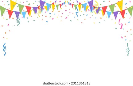 Celebrate hanging triangular garlands with confetti. Colorful perspective flags party isolated on white background. Birthday, Christmas, anniversary, and festival fair concept. Vector illustration.