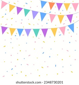 Celebrate hanging triangular garlands with confetti. Colorful perspective flags party isolated on white background. Birthday, Christmas, anniversary, and festival fair concept