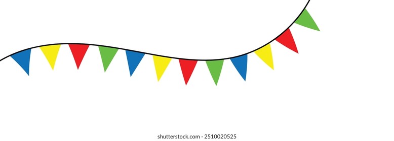 Celebrate hanging triangular garlands with confetti. Colorful perspective flags party isolated on white background. Birthday, Christmas, anniversary, and festival fair. Vector illustration in eps 10.