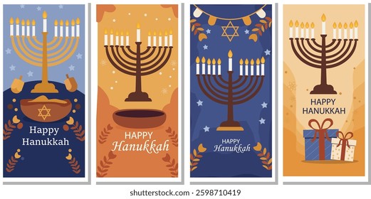 Celebrate Hanukkah, the Festival of Lights, with this festive set of vertical banner templates. This collection includes four vibrant and joyful banner designs