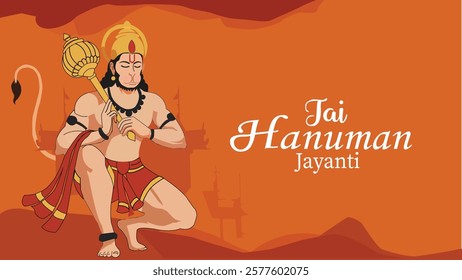 Celebrate Hanuman Jayanti with Lord Hanuman in a devotional pose, holding his mace with devotion, against an orange background