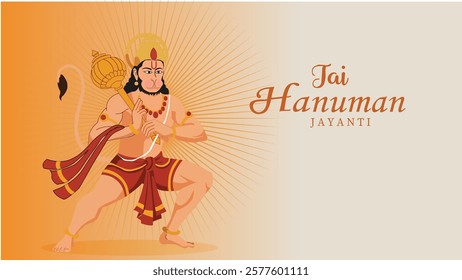 Celebrate Hanuman Jayanti with Lord Hanuman in a dynamic pose, symbolizing strength and devotion against an orange gradient background