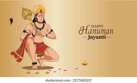 Celebrate Hanuman Jayanti with Lord Hanuman kneeling and lighting diyas, symbolizing devotion and divine power