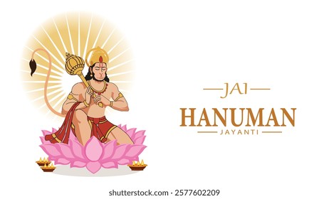 Celebrate Hanuman Jayanti with Lord Hanuman sitting on a lotus, surrounded by diyas, symbolizing purity, devotion, and divine blessings