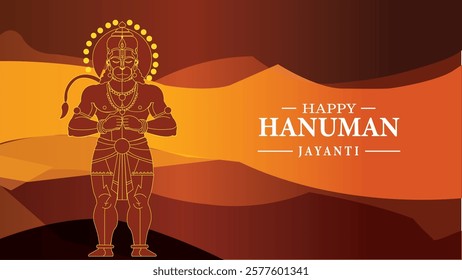 Celebrate Hanuman Jayanti with a silhouette of Lord Hanuman in a strong, empowering pose against a vibrant orange and red backdrop