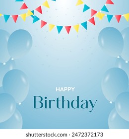 Celebrate a happy birthday with our blue background template adorned with balloons and colorful ribbons, creating a festive and cheerful atmosphere for your special occasion.