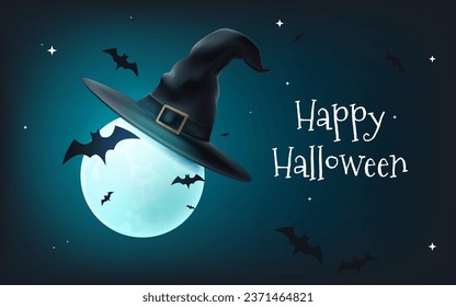 Celebrate Happy Halloween with this spooky vector illustration banner. A full moon in a witch hat, bats, and a haunting scene make it perfect for banners and posters. Starry sky Not AI generated.