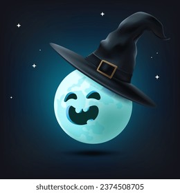 Celebrate Happy Halloween with this spooky vector illustration. A full moon in a witch hat, bats, and a haunting scene make it perfect for banners and posters. Starry sky Not AI generated.