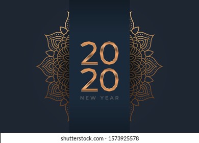 celebrate happy new year 2020 elegant gold text with elegan mandala. 3d new year posters with black background illustration with light. winter holiday background with mandala template minimalistic