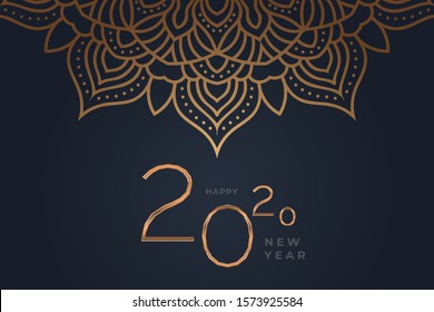 celebrate happy new year 2020 elegant gold text with elegan mandala. 3d new year posters with black background illustration with light. winter holiday background with mandala template minimalistic