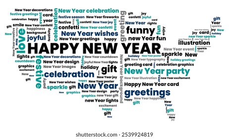 Celebrate Happy New Year 2025 text with typographic message festive decorations, joy, and cheer. Bring in the year with friends, family, and exciting memories for a joyful beginning. EPS file