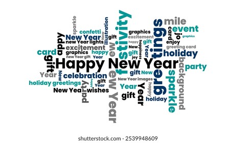 Celebrate Happy New Year 2025 text with typographic message festive decorations, joy, and cheer. This Happy New Year text in typographic message design can be used for t shirt design. EPS file