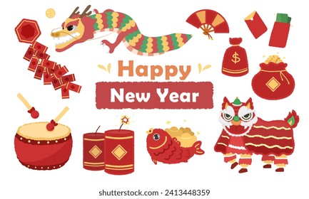 Celebrate the happy pattern of the New Year in China, there are dragons, firecrackers, and coins.