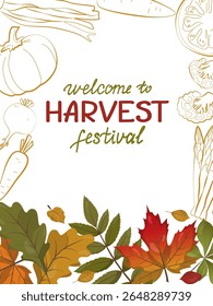 Celebrate the harvest season with this vector illustration featuring autumn leaves and harvest vegetables. Perfect for seasonal greetings, invitations, and festive decoration.