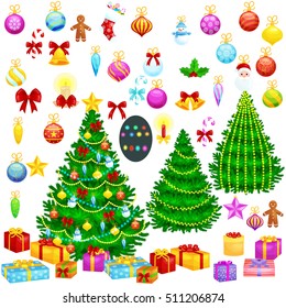 celebrate holiday with christmas tree and isolated decoration like a ball gold bells candles golden stars lights candy and other elements for your xmass fit plant design gifts
