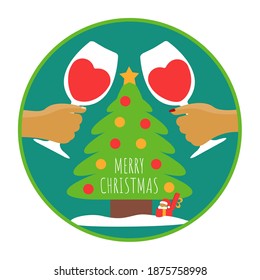 celebrate holiday icon with cute santa claus in a gift or present vector flat design. decorated tree isolated cartoon. heppy merry christmas and two love heart red wine glass illustration symbol art