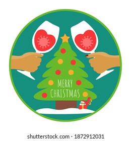 celebrate holiday icon with santa claus vector flat design. decorated tree isolated cartoon. heppy merry christmas and two red wine glass with corona or covid-19 illustration. keep distance symbol art