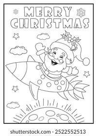 Celebrate the holiday season with fun and unique Christmas coloring page. Santa Claus riding a rocket through the clouds with a big, happy smile. making it perfect for kids and adults alike.