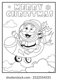 Celebrate the holiday season with fun and unique Christmas coloring page. Santa Claus riding a rocket through the clouds with an astronaut helmet and a big, happy smile. Making it perfect for kids.
