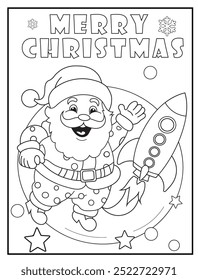 Celebrate the holiday season with a fun and unique concept Christmas coloring page. Santa Claus is exploring space with a rocket and a smile. Great for holiday-themed activities.